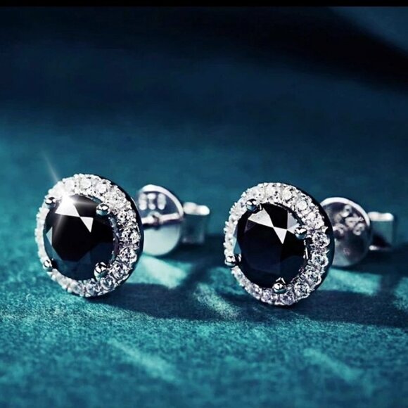 Rose Cut Black Simulated Diamond 14kt Sterling Silver Rhodium Halo Stud Earrings - Picture 2 of 4